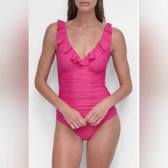 Pink Ruffled One-Piece Swimsuit From dkny - Picture 1 of 10